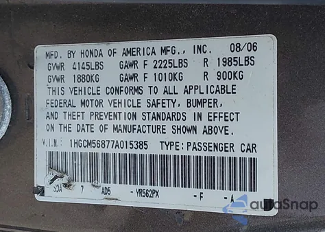 2007 Honda Accord 2.4 Ex from USA, damaged, VIN 1HGCM56877A015385